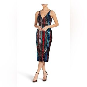 Dress the Population Multicolor Sequin Striped V-Neck Midi Dress